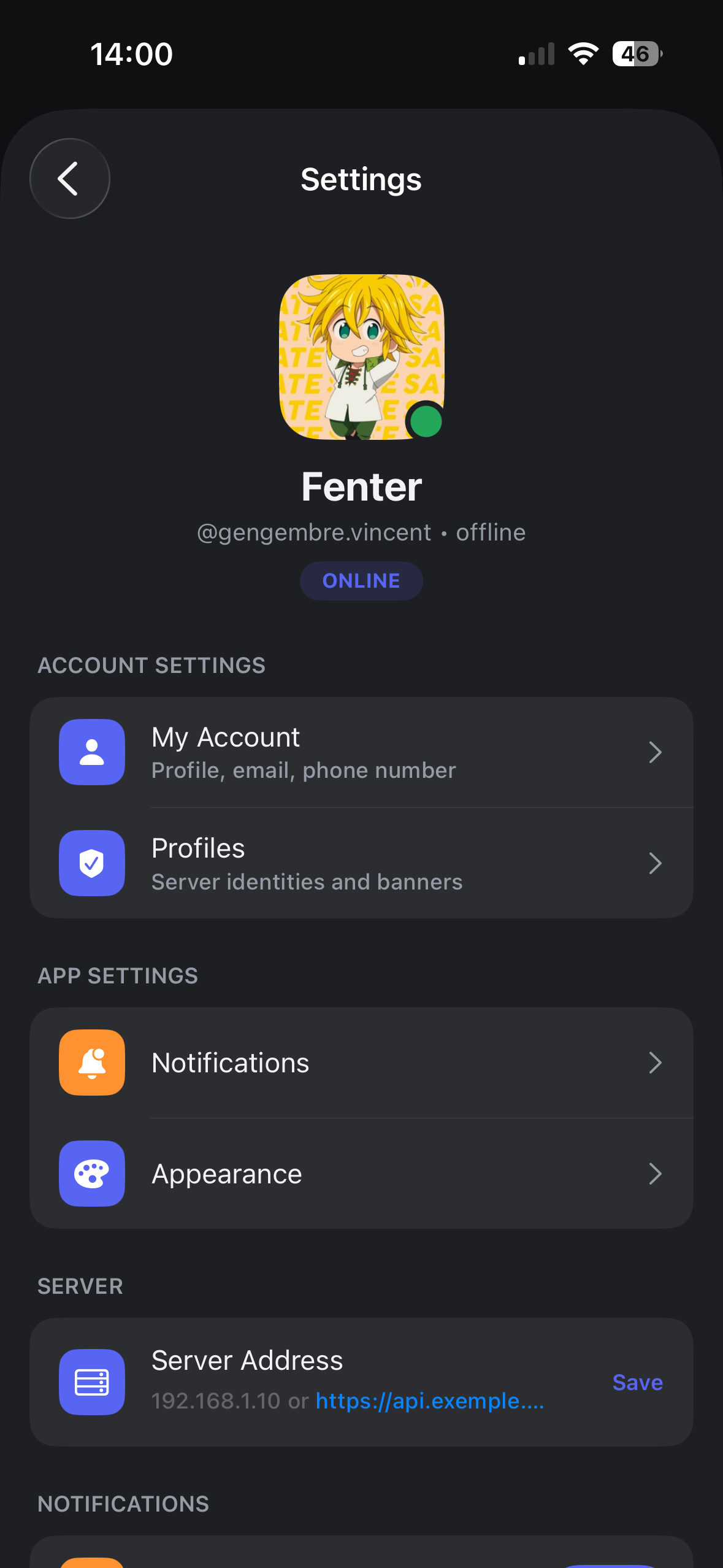 Ecran de reglages du profil dans Whisper iOS