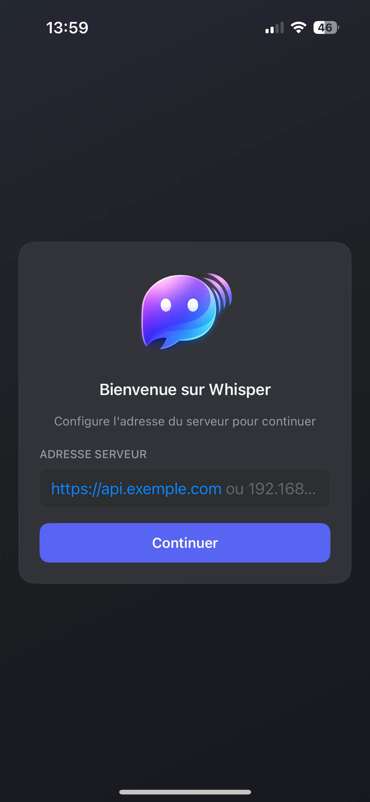 Ecran de configuration du serveur dans Whisper iOS